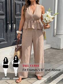 SHEIN Tall CURVE Pantalones acampanados de punto beige estilo boho casual elegante para mujer talla grande, con estampado plisado en la cintura, extra largos, para verano, vacaciones, fiesta del té, brunch, playa y eventos formales - Café integral - Ver 7
