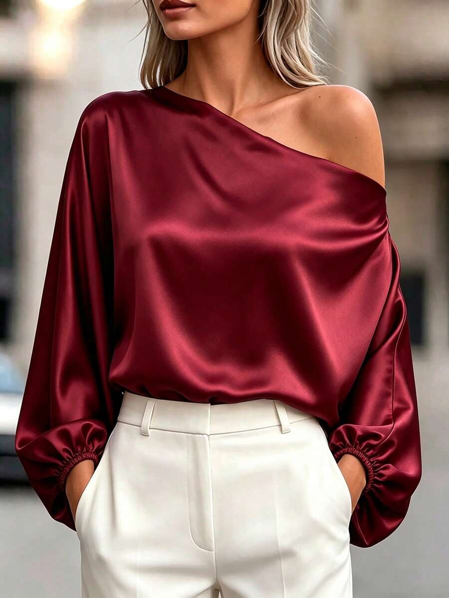 SHEIN 女款純色單肩休閒百搭日常旅行襯衫 - 酒紅色 - 查看 1