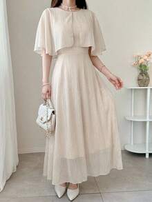 DAZY Women's Elegant Long Dress With Shiny Fabric And Shoulder Cape Design Maxi Dress Sundress - Beige - View 11