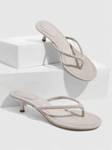 CUCCOO SZL Chaussures pour femmes nouvelles à talons bas bout rond tongs élégantes douces romantiques sandales à talons hauts pour femmes chaussures d'été - Flanelle beige - Voir 1