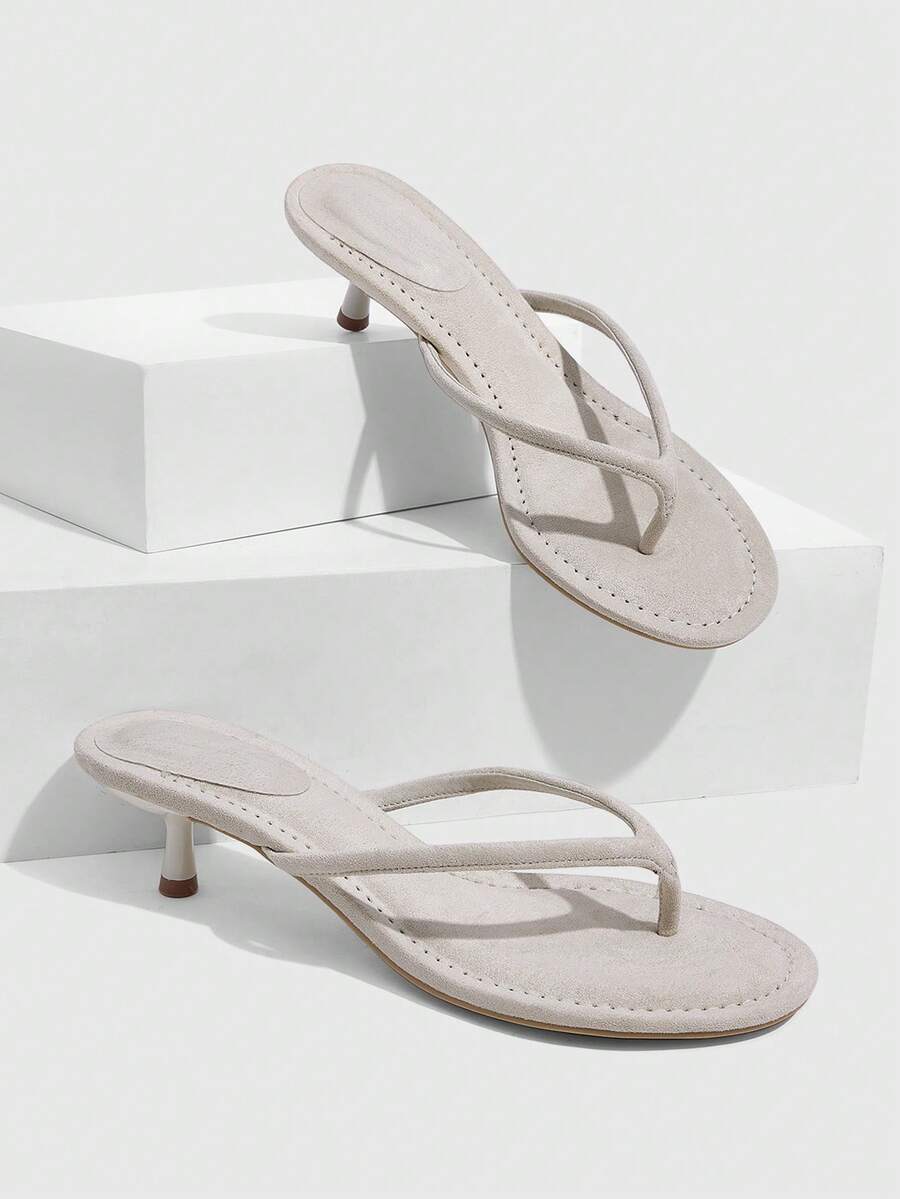 CUCCOO SZL Chaussures pour femmes nouvelles à talons bas bout rond tongs élégantes douces romantiques sandales à talons hauts pour femmes chaussures d'été - Flanelle beige - Voir 1