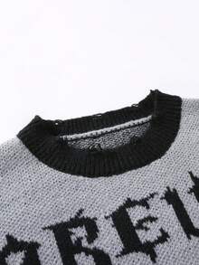 Manfinity Roughcore Suéter casual de uso diario para hombre con cuello redondo, gráfico de letras y bloques de color - Gris Oscuro - Ver 3