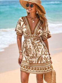 Swim Vcay Women's V-Neck Waist Cinched Short Sleeve Printed Dress, Beach Cover-Up For Spring/Summer Vacation - Khaki - View 5