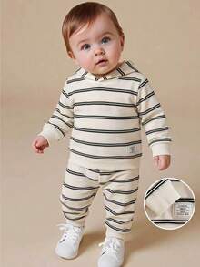 SHEIN Playful Pals 2件組 幼兒男童時尚條紋長袖連帽上衣與長褲套裝，柔軟加厚運動休閒服，適合日常穿著與戶外玩耍 - 彩色 - 查看 1