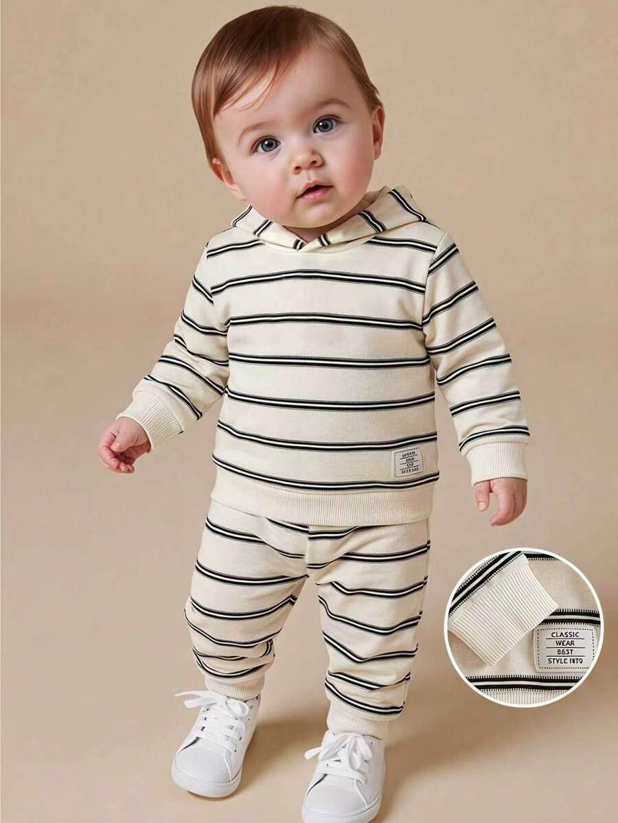 SHEIN Playful Pals 2件組 幼兒男童時尚條紋長袖連帽上衣與長褲套裝，柔軟加厚運動休閒服，適合日常穿著與戶外玩耍 - 彩色 - 查看 1