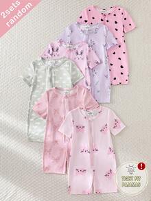 SHEIN 6件随机发货，2件女童弹力拉链连体衣，柔软简约，紫色、绿色、粉色、花朵、爱心、猫咪、蝴蝶结、云朵、兔子图案，夏季家居服 - 彩色 - 查看 1