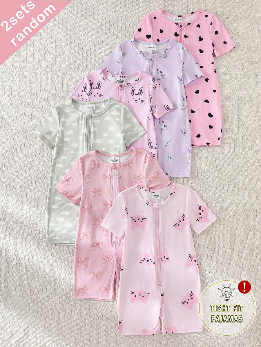 SHEIN 6件随机发货,2件女童弹力拉链连体衣,柔软简约,紫色、绿色、粉色、花朵、爱心、猫咪、蝴蝶结、云朵、兔子图案,夏季家居服 - 彩色 - 查看 1