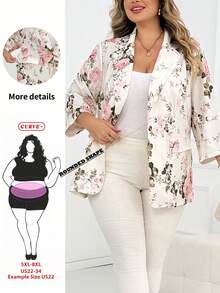 SHEIN CURVE+ 大尺碼女款薄款西裝外套，適合四季商務休閒女裝外套西裝外套，花卉印花花卉西裝外套，秋冬適用 - 彩色 - 查看 1