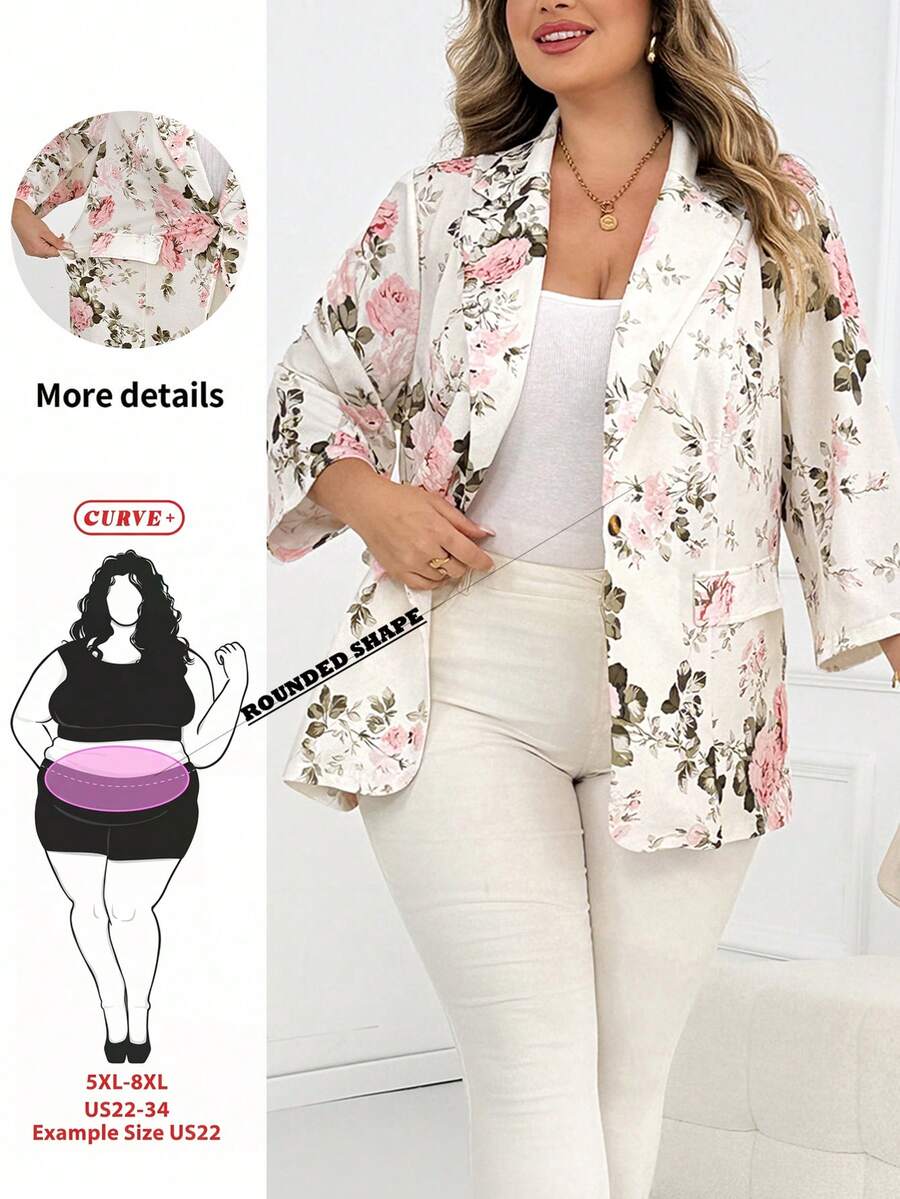 SHEIN CURVE+ 大尺碼女款薄款西裝外套,適合四季商務休閒女裝外套西裝外套,花卉印花花卉西裝外套,秋冬適用 - 彩色 - 查看 1