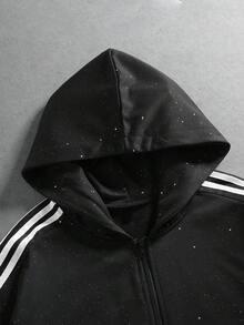 ROMWE MEN Goth Men's Rhinestone Striped Streetwear Casual Zip-Up Hoodie - Black - View 7