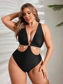 Swim Lushoire Plus Size Solid Color Hollow Chain Decorated One-Piece Swimsuit Summer - Black - View 1