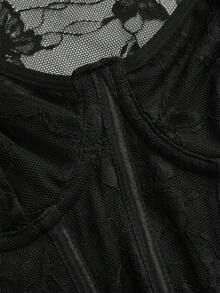 Nuvra 女士性感撞色蕾丝心形领连体衣，夏季 - 黑色 - 查看 13