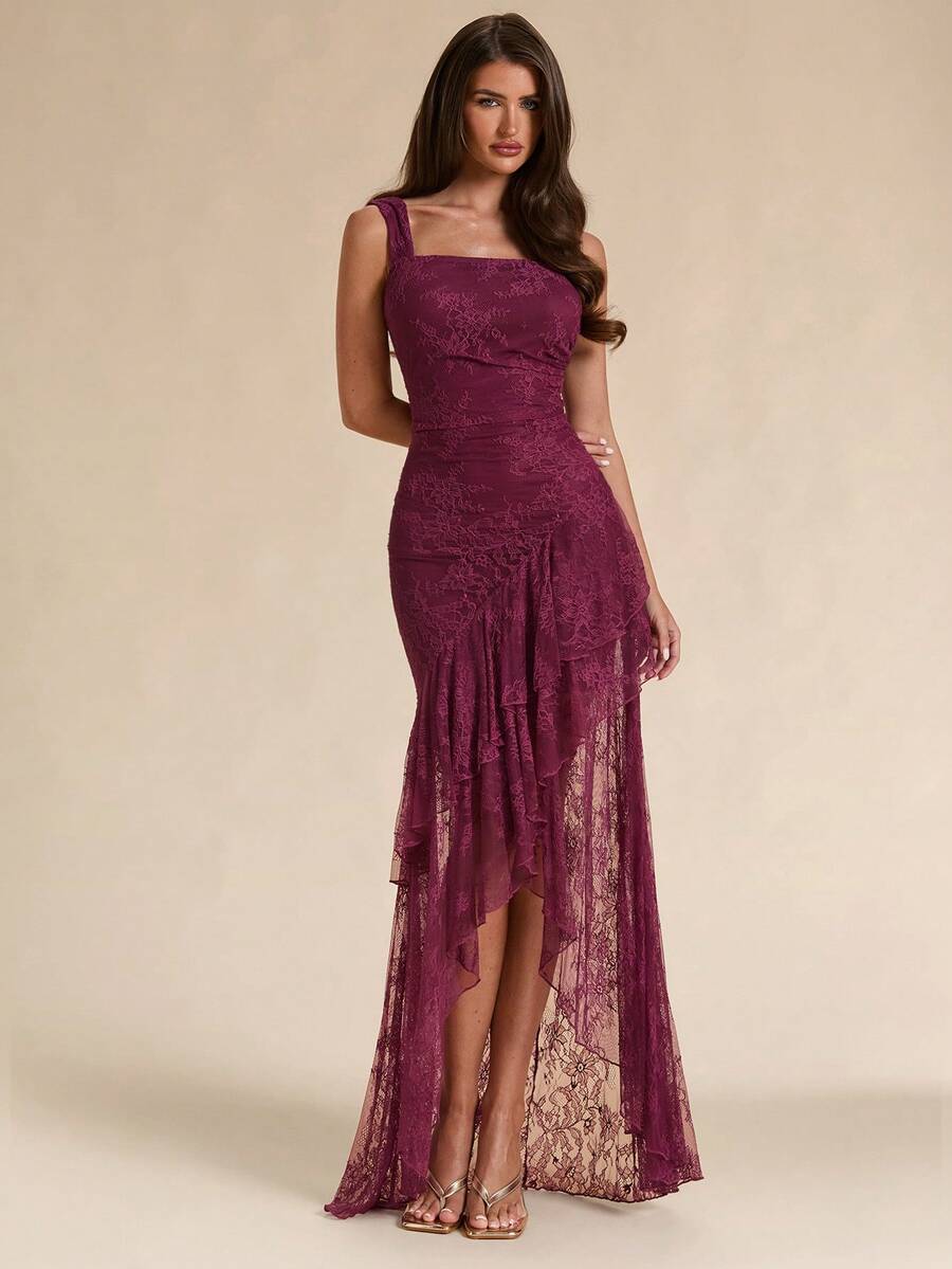 SHEIN BAE Vestido largo de mujer de primavera/verano color albaricoque liso con tirantes finos, cuello cuadrado, de gasa con volantes y abertura alta - Albaricoque - Ver 1