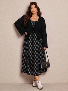 Elaquor Plus Size Solid Color Top And Polka Dot Print Dress 2 Pieces Set - Black and White - View 7