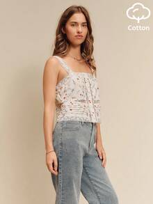 lacRébo Relaxed Romantic Floral Print Button Front White Cotton Top With Lace Neckline Summer Holiday Casual - Apricot - View 6