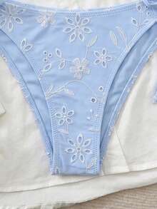 SHEIN Swim Chicsea 26SS 春夏优雅纹理面料钢圈比基尼套装，蓝色刺绣，2件套 - 藍色 - 查看 3
