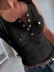 SHEIN SXY Camiseta sin mangas de corte slim con botones metálicos, de uso informal - Negro - Ver 3