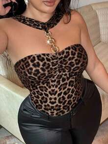 NU&NOW Plus Size Women's Hollow Leopard Print Camisole,Brown,Summer,70's,Night Out Club,Party,Metal Buckle Decor Spaghetti Strap Ruched Bust - Multicolor - View 2