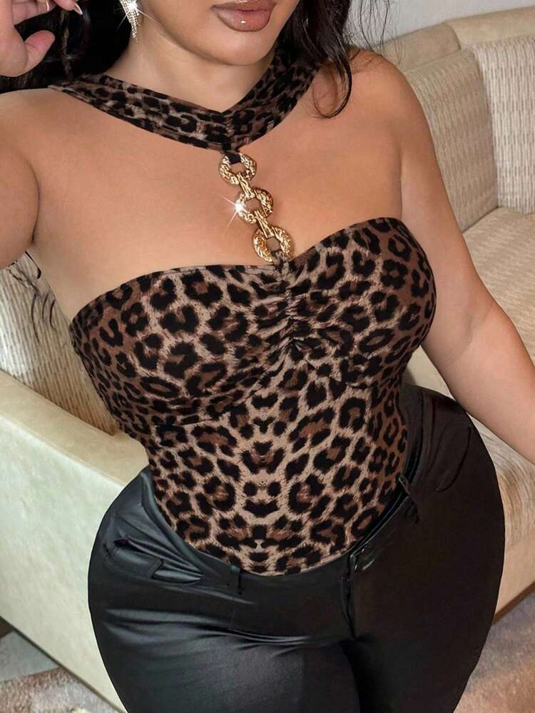 NU&NOW Plus Size Women's Hollow Leopard Print Camisole,Brown,Summer,70's,Night Out Club,Party,Metal Buckle Decor Spaghetti Strap Ruched Bust - Multicolor - View 2