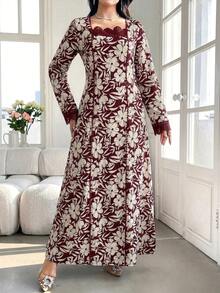 Al Najma Women's Floral Print Fashion Party & Travel Arabian Dress - Burgundy - View 4