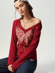 Bohemela Women's Butterfly Pattern Casual Grunge Versatile Daily Wear T-Shirt Everyday Dark Red Summer - Blue - View 6
