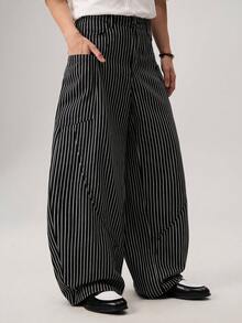 Men's Woven Casual Loose Straight Leg Solid Color Pants - Black - View 1