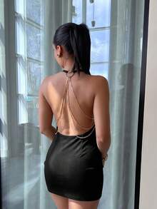 leahseptember 女款針織貼身掛脖迷你洋裝，夏季派對夜店優雅黑金洋裝 - 黑色 - 查看 2