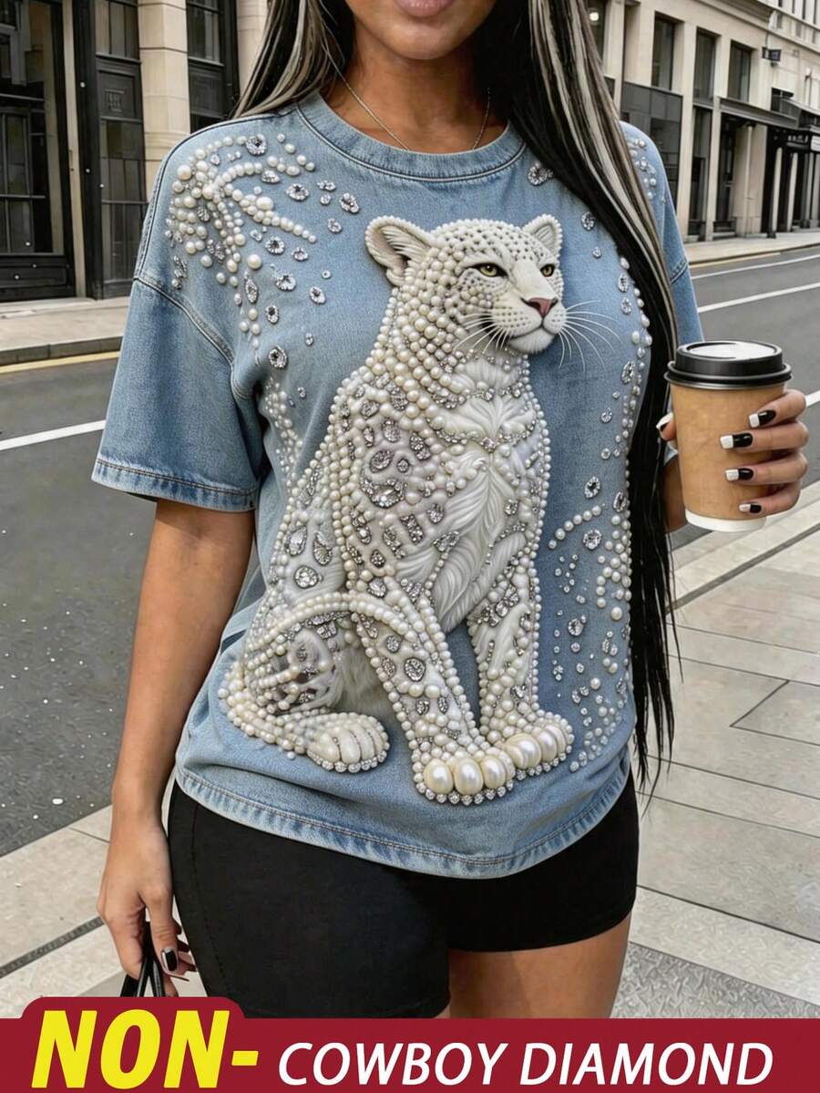Rovax 女款圓領仿珍珠動物印花休閒日常短袖T恤 - 彩色 - 查看 1