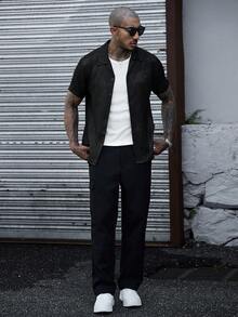 SLATEMANN 男士中式龍紋單排扣休閒短袖襯衫 - 黑色 - 查看 6