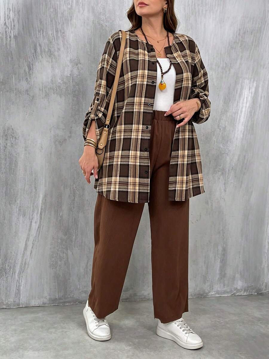 EMERY ROSE Conjunto de camisa de cuello de doble capa a cuadros y pantalones anchos estructurados de talla grande - Multicolor - Ver 1