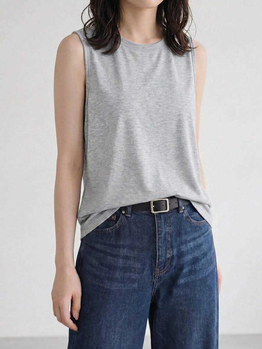 Yumoku 女款休閒極簡純色寬鬆無袖背心上衣,適合夏季女裝穿搭,休閒夏日上衣 - 淺灰色 - 查看 1