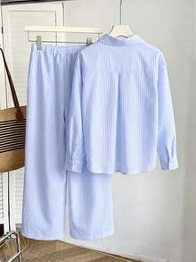女童休閒街頭風條紋刺繡Logo寬鬆落肩上衣與寬腿褲套裝，適合春夏、春季出遊、休閒穿著、開學季 - 藍色 - 查看 3