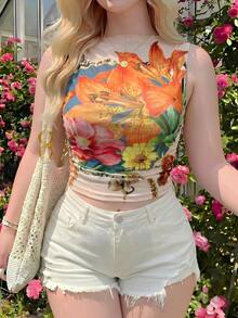SHEIN MOD Camiseta de tirantes con estampado floral de malla talla grande - Albaricoque - Ver 8