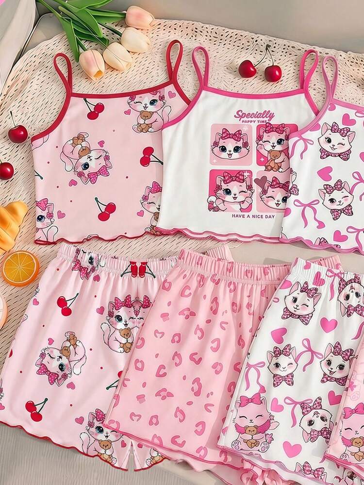 [Randomly Sent 1 Set]Tween Girls Pajamas Summer New Fashion Cute Cartoon Kitten Leopard Print Knit Ruffle Trim Camisole Top & All-Over Print Shorts Sleepwear 2-Piece Set 1Sets (Randomly Sent) - Pink - View 4