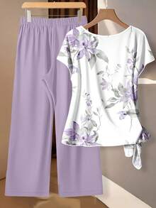 SHEIN LUNE Bộ 2 món áo blouse thắt nơ và quần ống suông rộng cho nữ - Nhiều màu - Xem 4