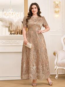 SHEIN Clasi 大尺碼女款刺繡仿珍珠鈕扣圓領優雅洋裝 - 卡其色 - 查看 7
