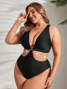 Swim Lushoire Plus Size Solid Color Hollow Chain Decorated One-Piece Swimsuit Summer - Black - View 3