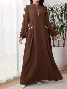 Al Najma Women Spring Autumn Elegant Modest Casual Brown Stand Collar Front Zipper Pocket Lantern Sleeve Flare Hem Big Swing Dress - Coffee Brown - View 3