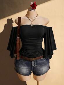 SHEIN ICON Women's Plus Size Solid Color Off-Shoulder Ruched Waist Blouse - Black - View 3