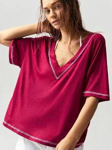 Bohemela Women's Casual Boho Solid Color V-Neck Short Sleeve Loose Regular Fit Knit T-Shirt Beach Pink Sequin Summer - Hot Pink - View 8