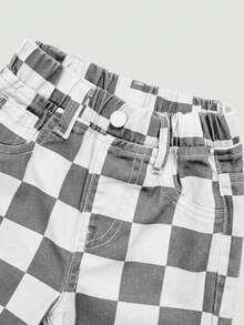 Elladie kids Denimly 女嬰休閒戶外學院風百搭牛仔長褲，鬆緊腰頭，格紋圖案水洗牛仔 - 灰色 - 查看 3