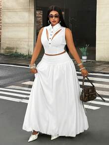 Mawevolt Summer White Design Hollow Lapel Slim Fit Sleeveless Top Pleated High Waist A-Line Long Skirt Plus Size 2 Pieces Set - White - View 5