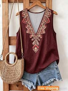 EMERY ROSE Áo tank top mùa hè cho nữ, áo tank top không tay cổ chữ V in họa tiết, áo tank top mặc thường ngày, thích hợp cho kỳ nghỉ hoặc đi chơi. - Màu Đỏ Sâu - View 3