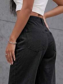 SHEIN ICON Women's Casual Washed Rhinestone Decorated Jeans Women's Fall Teacher Pants - Black - View 3