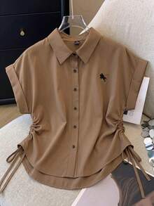Franclia Plus Size Casual Loose Embroidered Shirt - Brown - View 1
