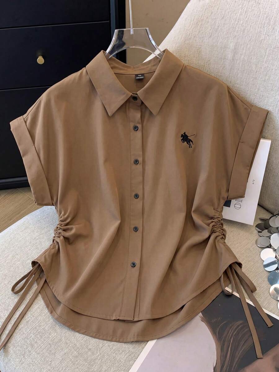 Franclia Plus Size Casual Loose Embroidered Shirt - Brown - View 1