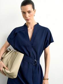 Aalyst Conjunto elegante de 2 piezas para mujer de unicolor con camisa larga de manga corta y cuello en V y pantalones, azul marino, para oficina en verano - Azul Marino - Ver 6