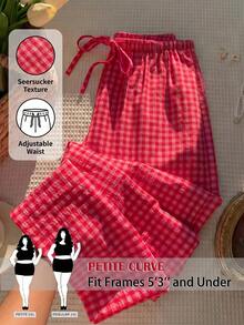 SHEIN PETITE CURVE 大尺碼女款洋紅色格紋寬腿長褲，附腰部繫帶 - 紅色 - 查看 2