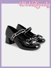 Dola Lovely Zapatos Mary Jane para mujer en negro y rosa con hechizo, punta redonda, lazo, hebilla de encaje, estilo dulce y fresco, tacones altos. - Charol negro - Ver 1