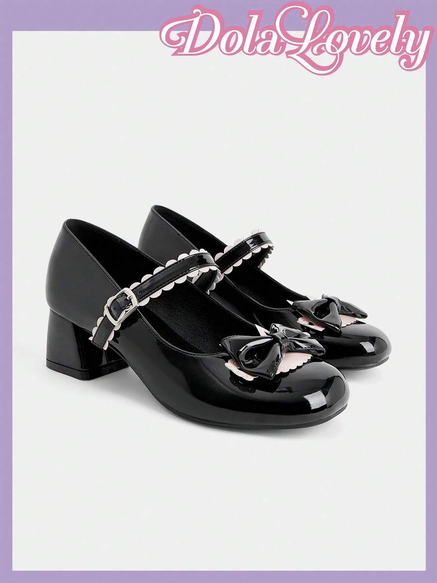Dola Lovely Zapatos Mary Jane para mujer en negro y rosa con hechizo, punta redonda, lazo, hebilla de encaje, estilo dulce y fresco, tacones altos. - Charol negro - Ver 1
